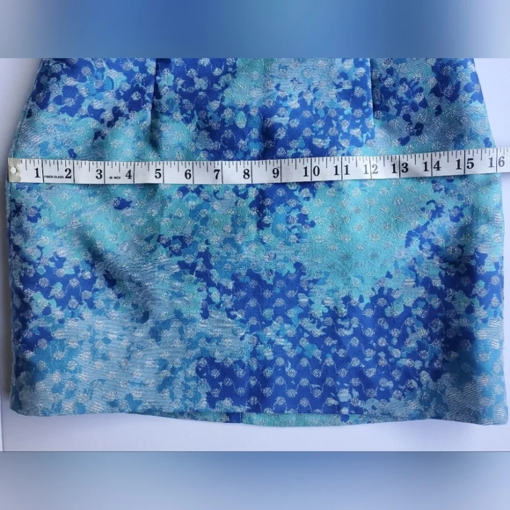 VTG Y2K H&M Blue Metallic Mini Skirt‎ Aqua Silver Shimmer High Waist Pencil XS 2